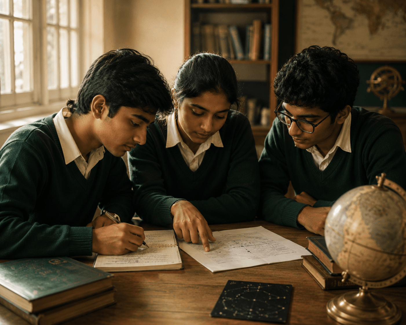 Three students working together on a mathematics problem at a wooden desk