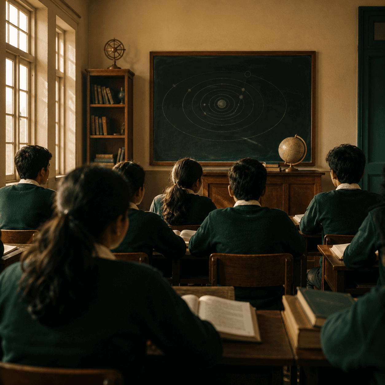 Students in a classroom studying the solar system on a blackboard