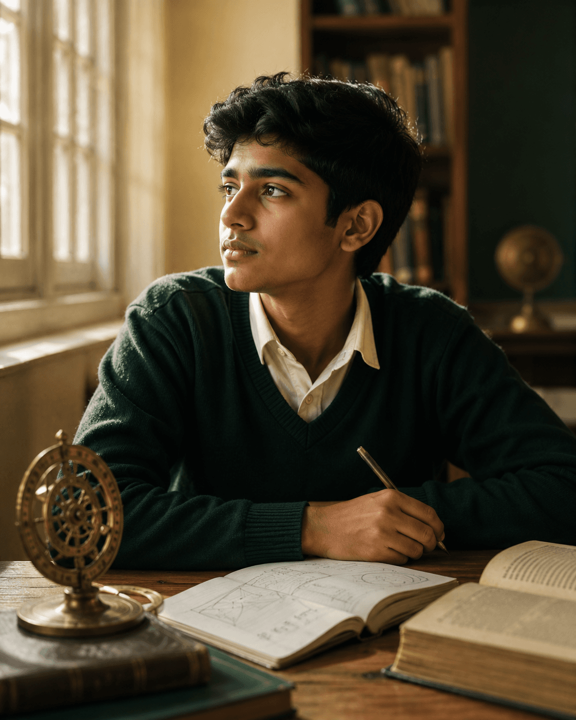 A focused student at a wooden desk with an open notebook and a brass armillary sphere